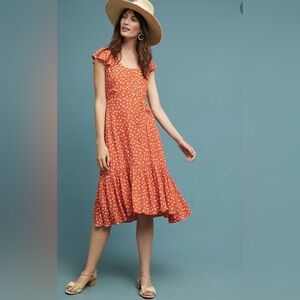 Maeve by Anthropologie High Low Orange Floral Dress with White Flowers
